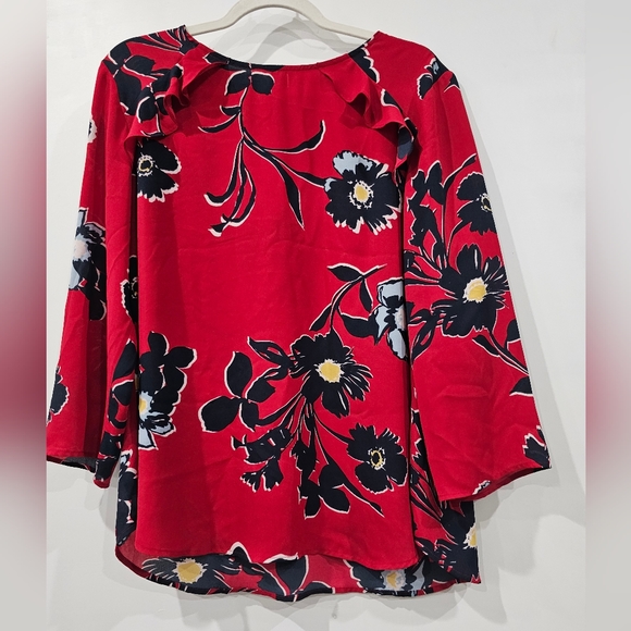 Van Heusen Red Black Floral Ruffle Tunic Top Large - Picture 1 of 7